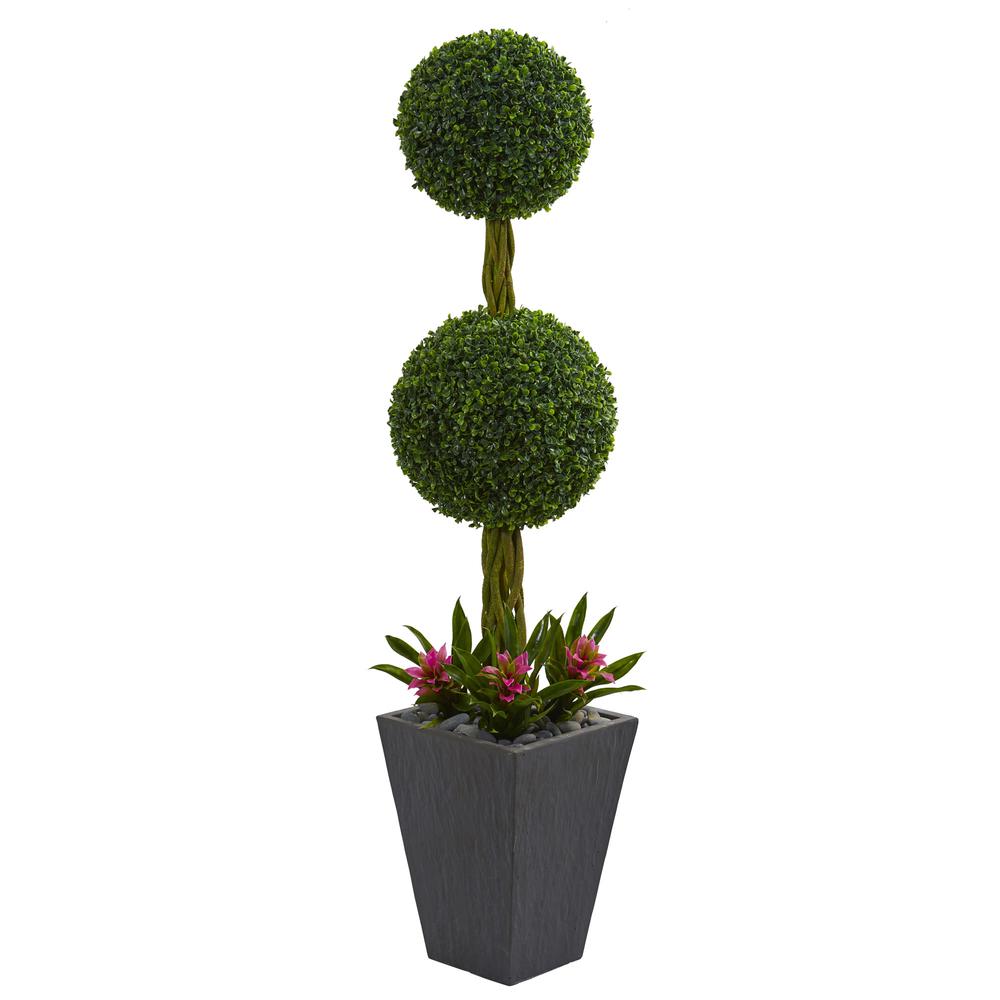 5ft. Double Boxwood Ball Topiary Artificial Tree in Slate Planter UV Resistant (Indoor/Outdoor). Picture 1