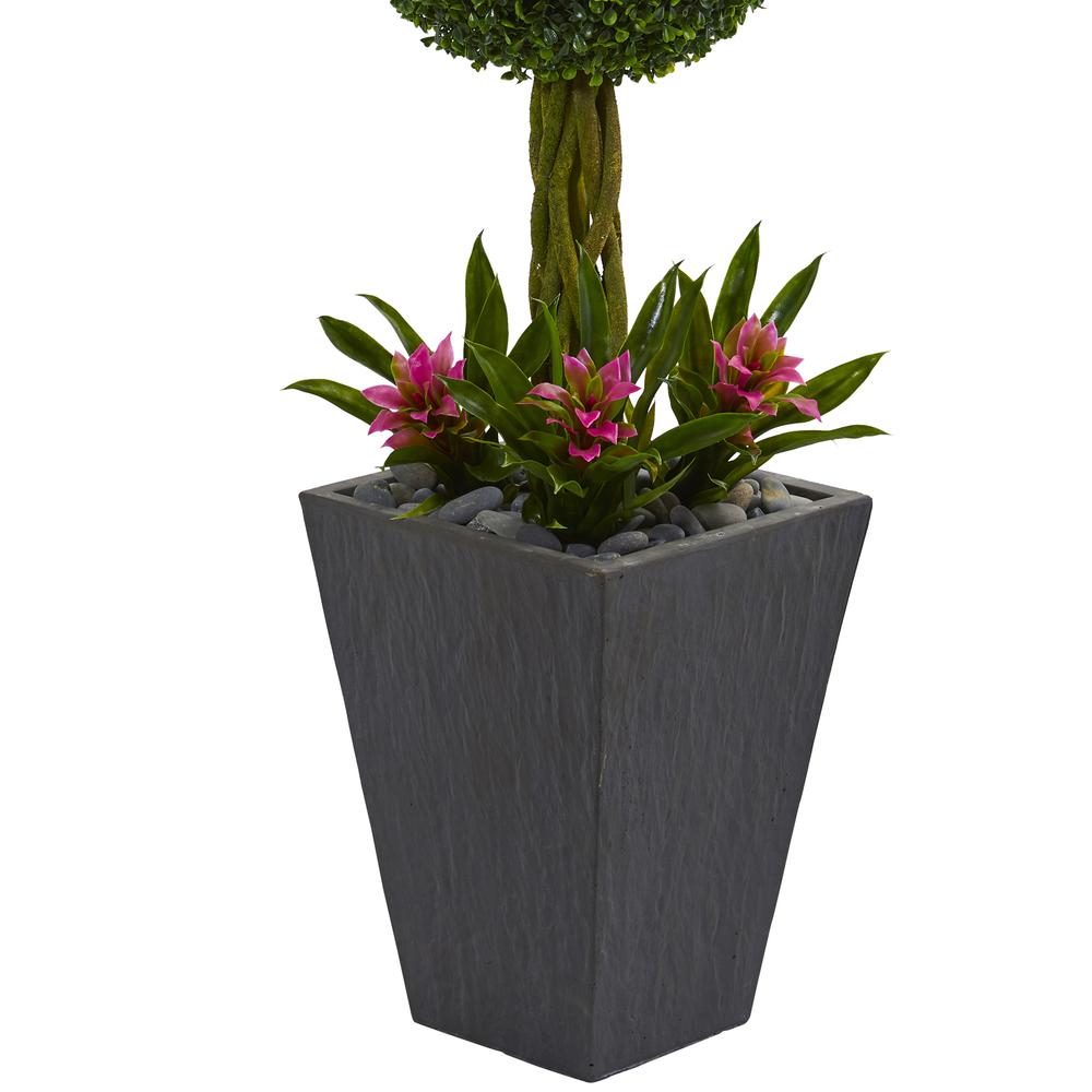 5ft. Double Boxwood Ball Topiary Artificial Tree in Slate Planter UV Resistant (Indoor/Outdoor). Picture 2