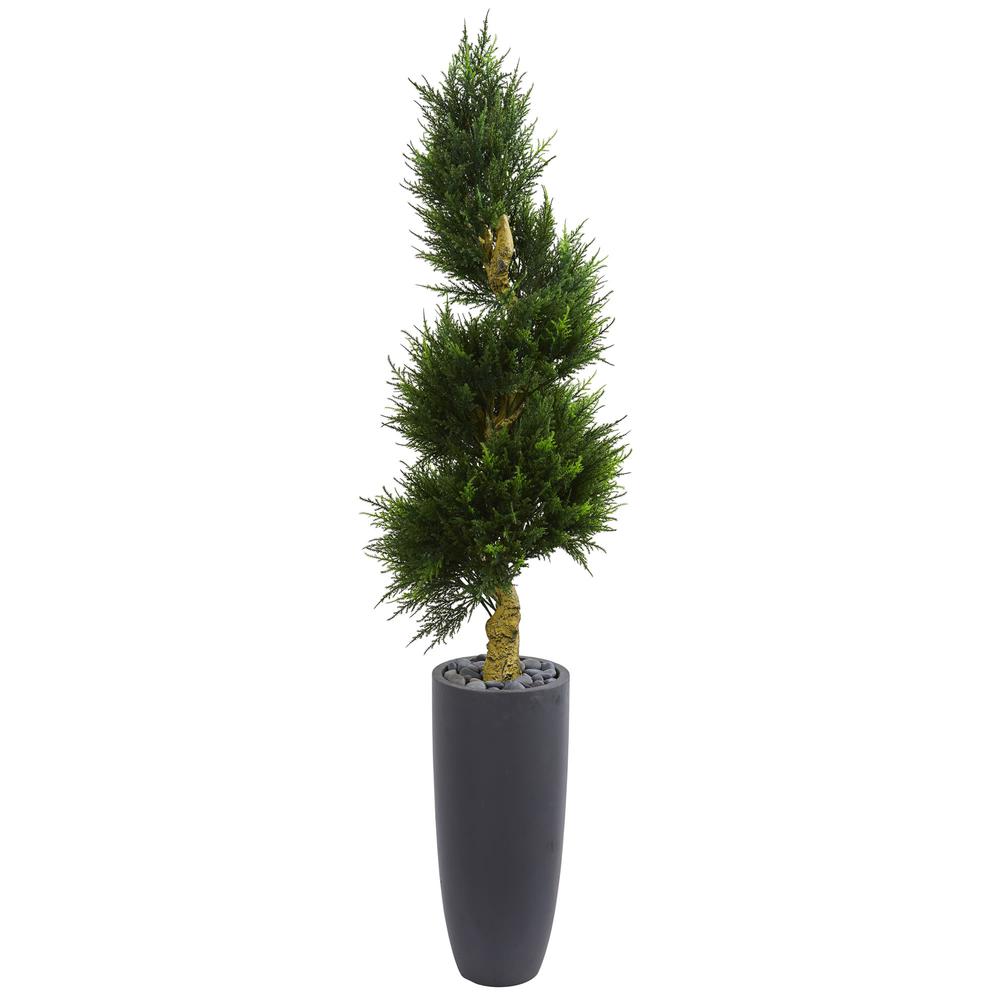 6ft. Spiral Cypress Artificial Tree in Cylinder Planter UV Resistant (Indoor/Outdoor). Picture 1