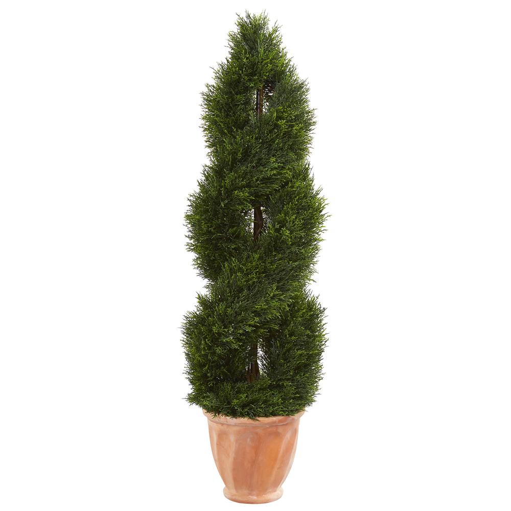 4.5ft. Double Pond Cypress Topiary Artificial Tree in Terracotta Planter UV Resistant (Indoor/Outdoor). Picture 1