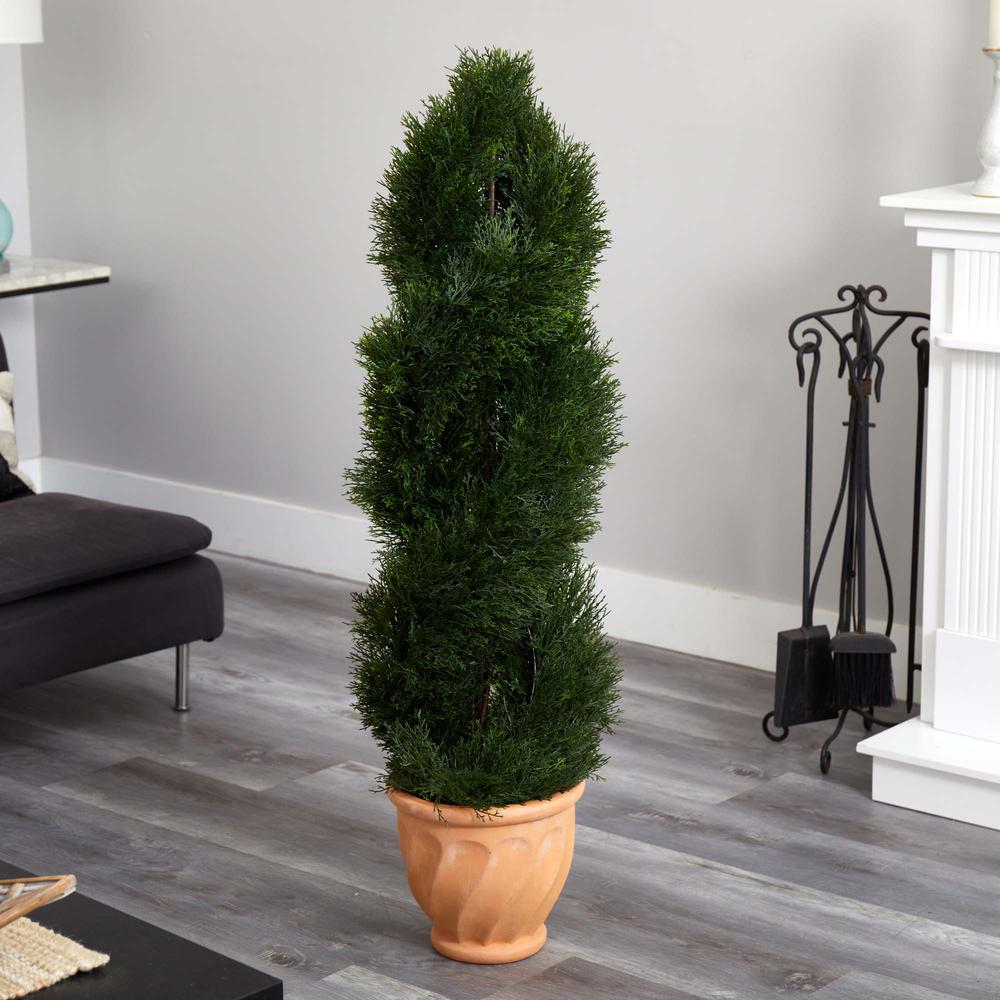 4.5ft. Double Pond Cypress Topiary Artificial Tree in Terracotta Planter UV Resistant (Indoor/Outdoor). Picture 2