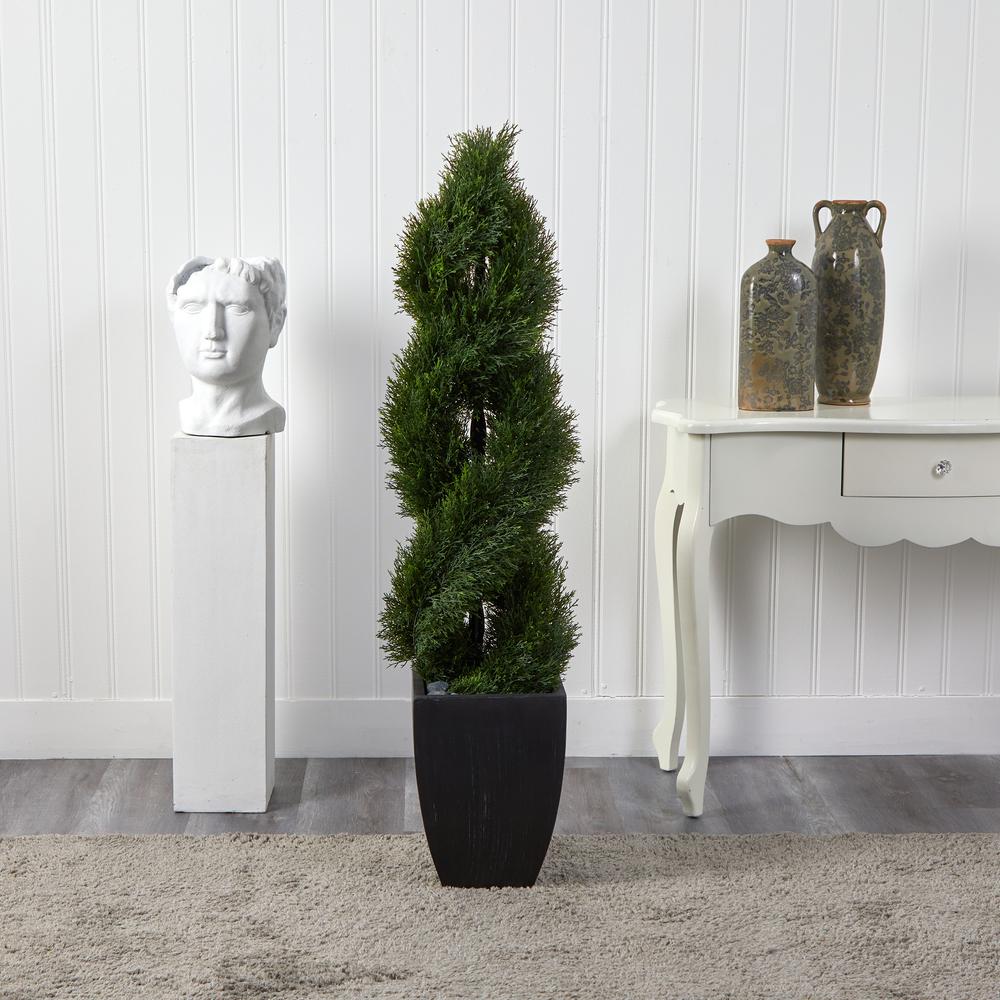5ft. Double Pond Cypress Spiral Topiary Artificial Tree in Black Wash Planter UV Resistant (Indoor/Outdoor). Picture 3