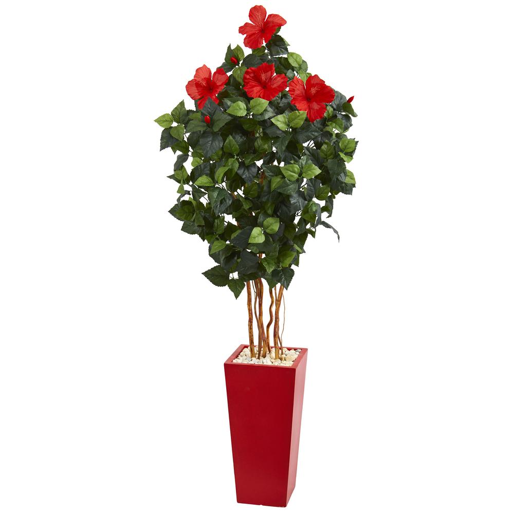 5.5ft. Hibiscus Artificial Tree in Red Tower Planter. Picture 1