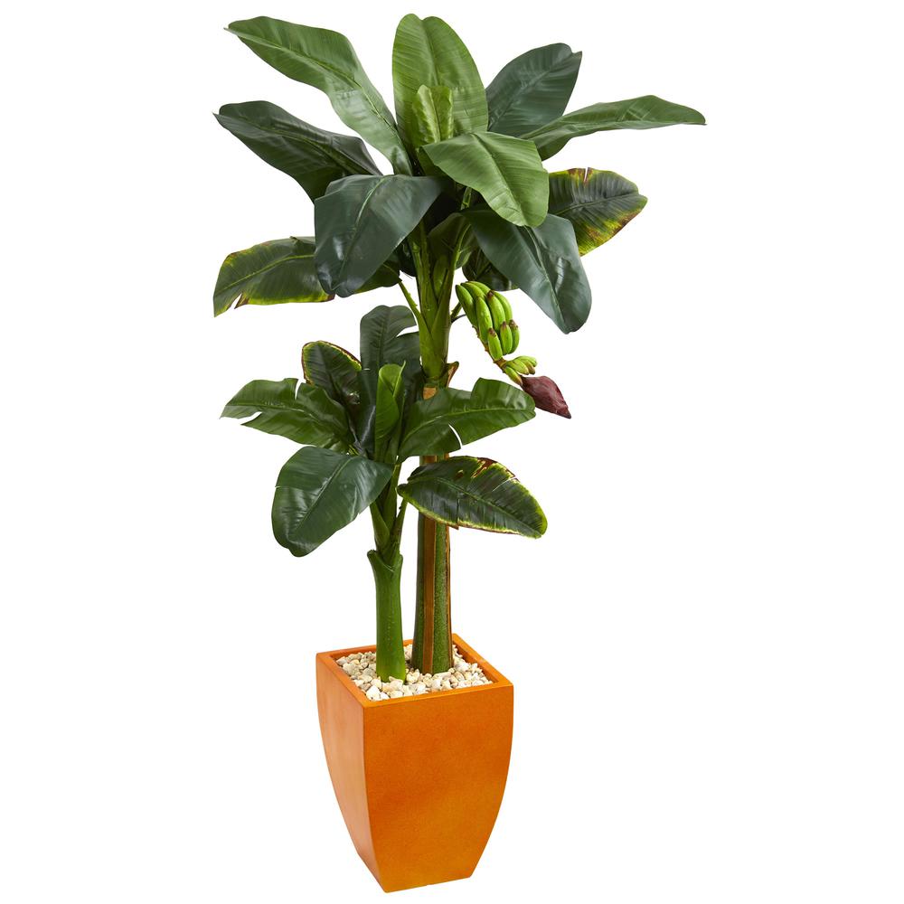 5.5ft. Double Stalk Banana Artificial Tree in Orange Planter. Picture 1