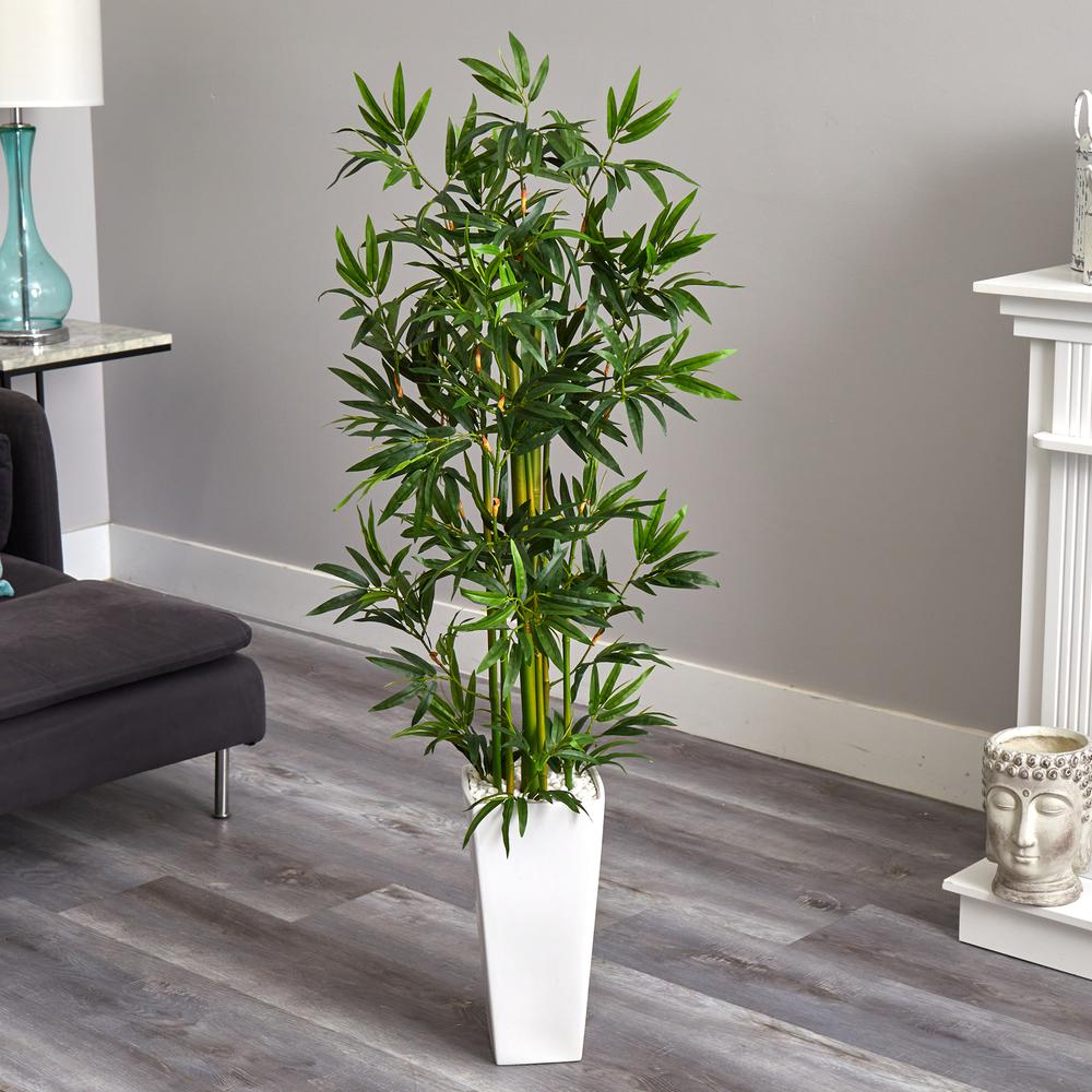 4.5ft. Bamboo Artificial Tree in White Tower Planter. Picture 3