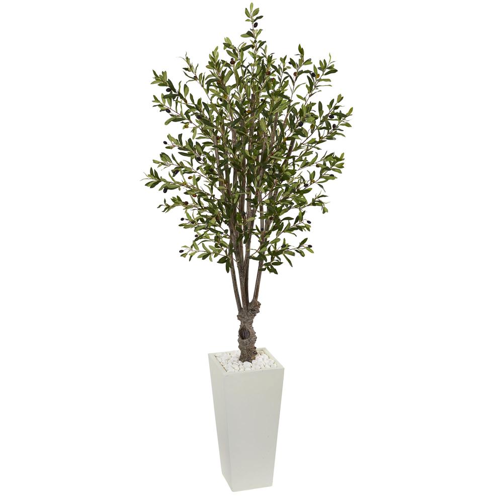 6ft. Olive Artificial Tree in White Tower Planter. Picture 1