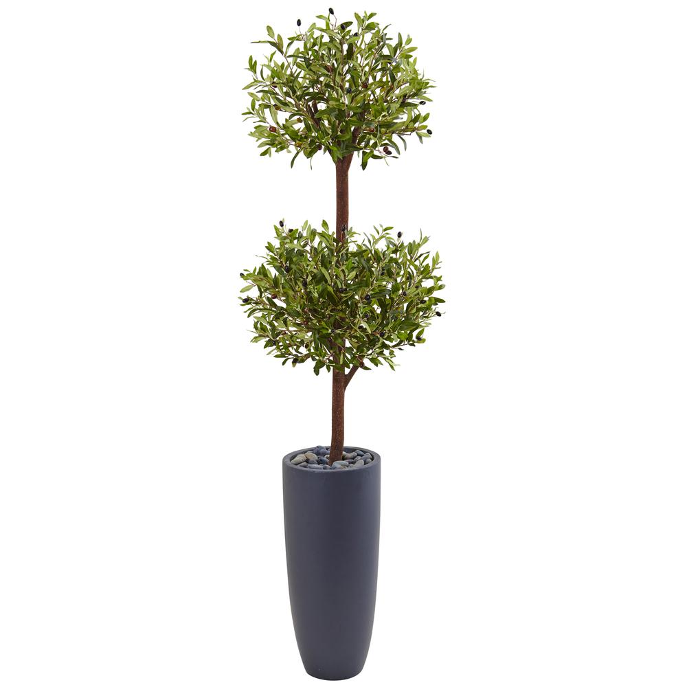 6ft. Olive Double Artificial Tree in Gray Cylinder Planter. Picture 1
