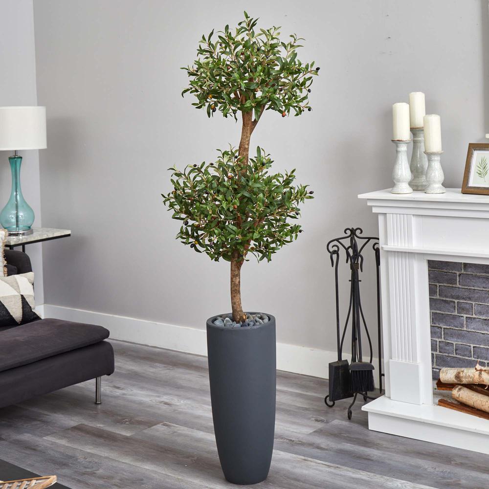 6ft. Olive Double Artificial Tree in Gray Cylinder Planter. Picture 3