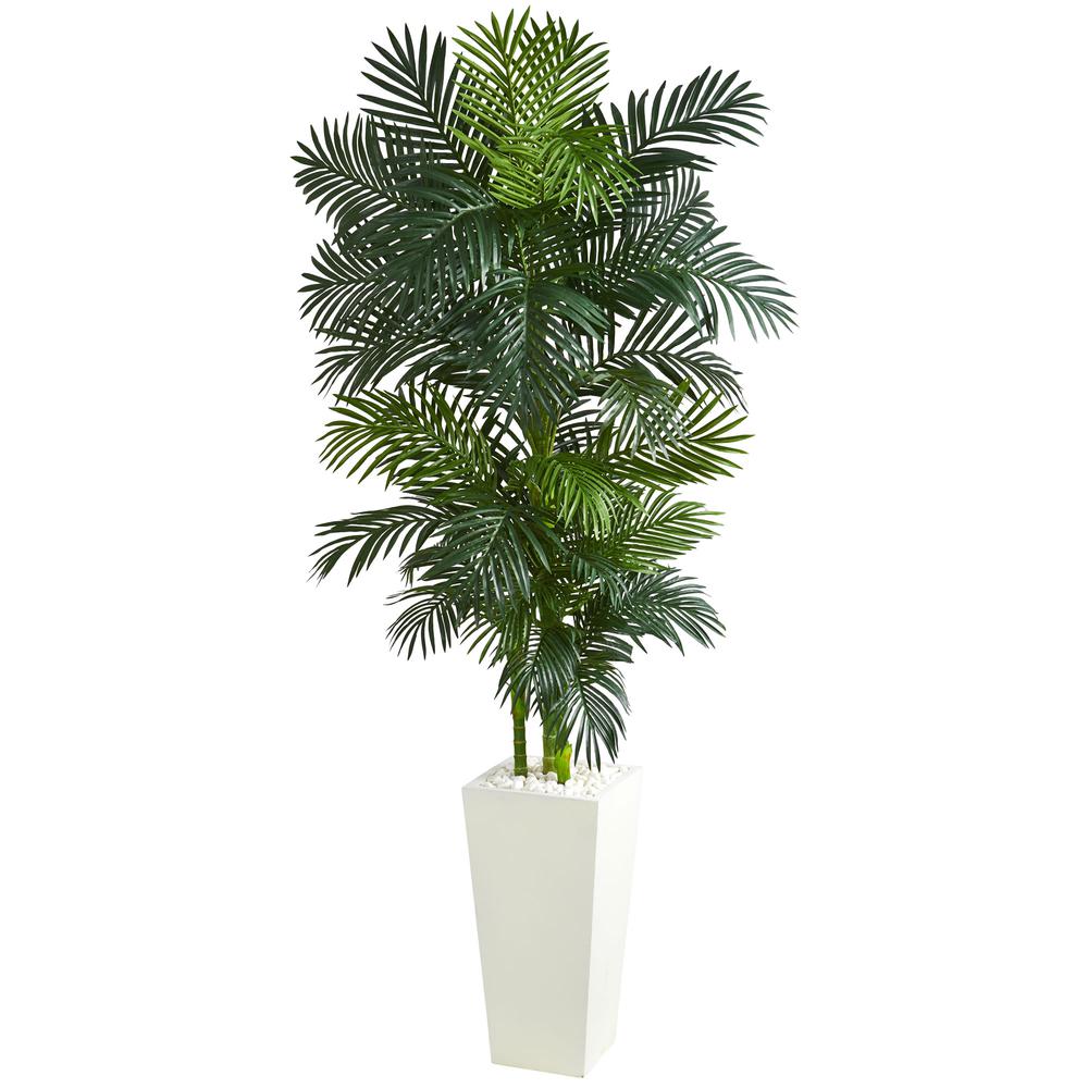 Golden Cane Palm Artificial Tree in White Tower Planter. Picture 1