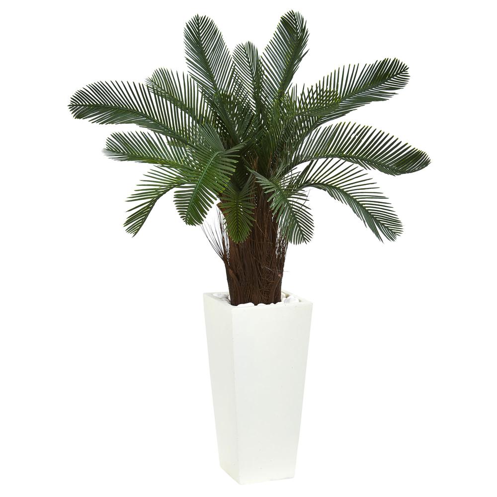 40in. Cycas Artificial Tree in White Tower Planter UV Resistant (Indoor/Outdoor). Picture 1