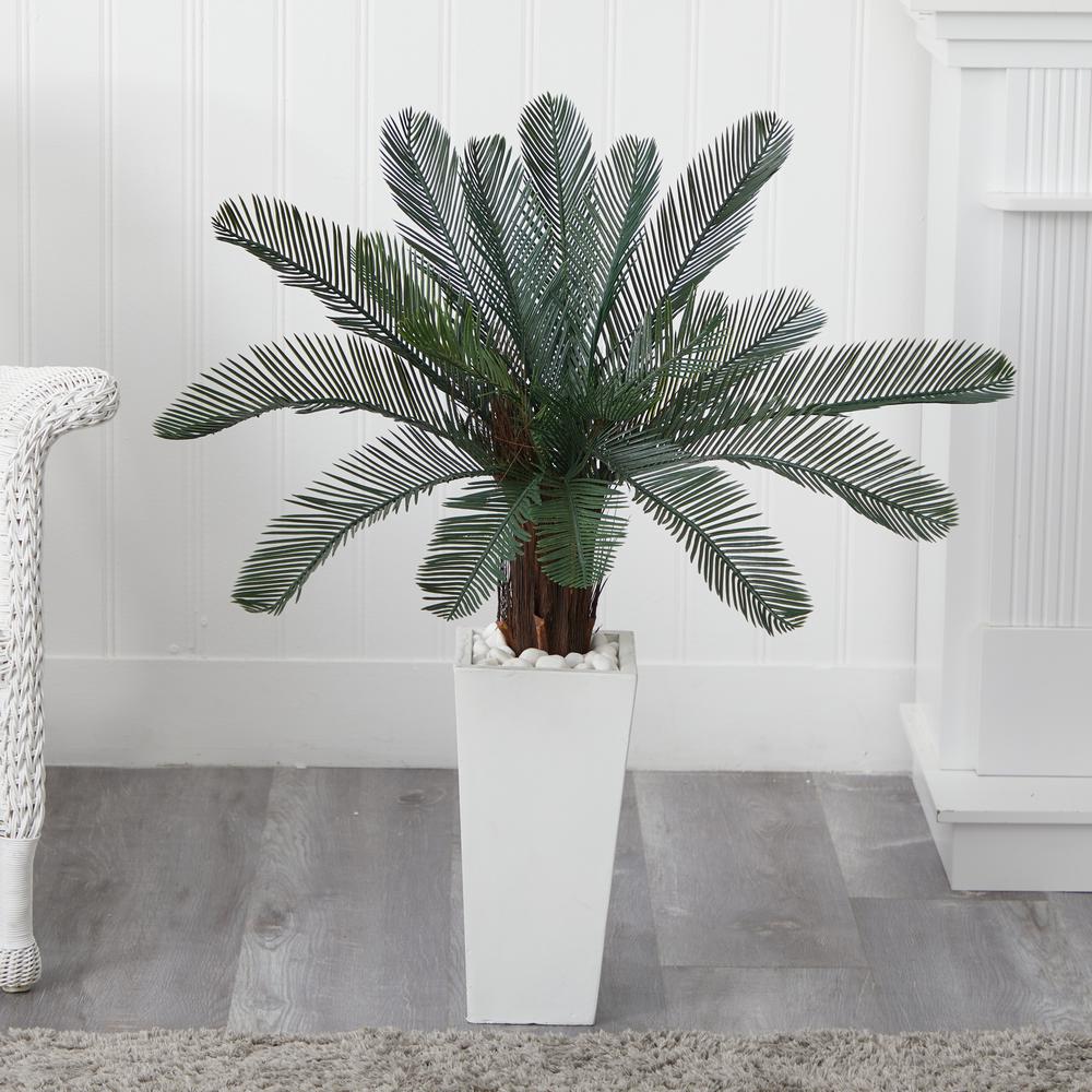 40in. Cycas Artificial Tree in White Tower Planter UV Resistant (Indoor/Outdoor). Picture 2