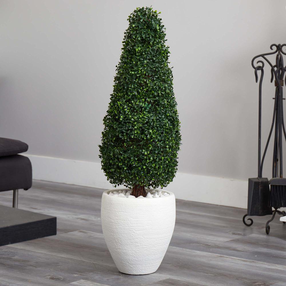 41in. Boxwood Topiary with Textured White Planter UV Resistant (Indoor/Outdoor). Picture 2
