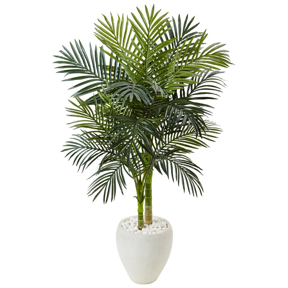 4.5ft. Golden Cane Palm Artificial Tree in White Oval Planter. Picture 1