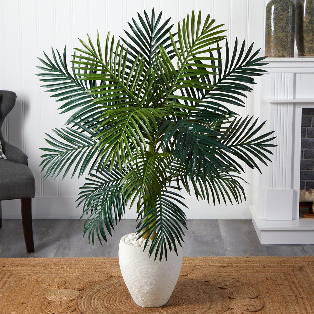4.5ft. Golden Cane Palm Artificial Tree in White Oval Planter. Picture 3