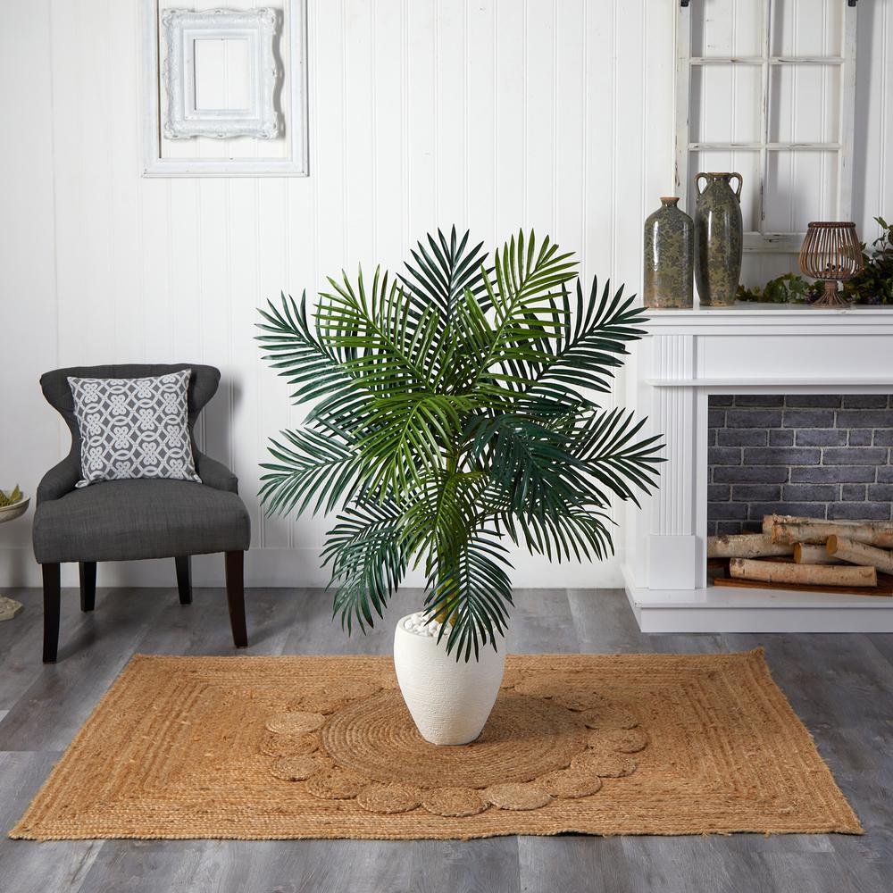 4.5ft. Golden Cane Palm Artificial Tree in White Oval Planter. Picture 2