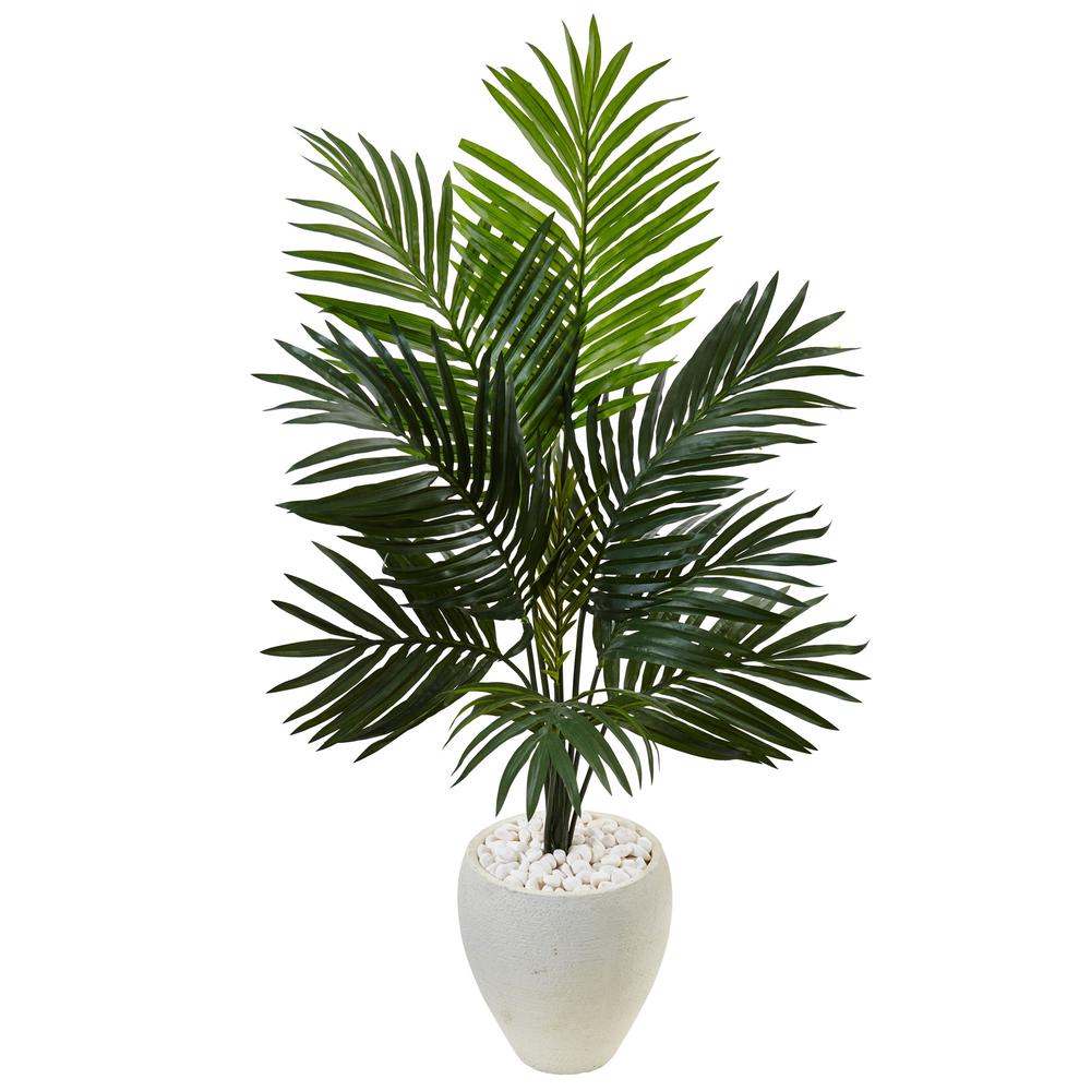 4.5ft. Kentia Palm Artificial Tree in White Oval Planter. Picture 1