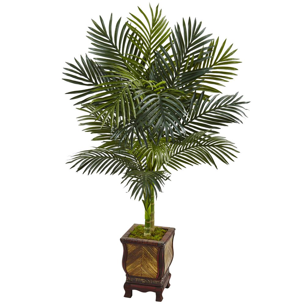 4.5ft. Golden Cane Palm Artificial Tree in Wooden Decorated Planter. Picture 1