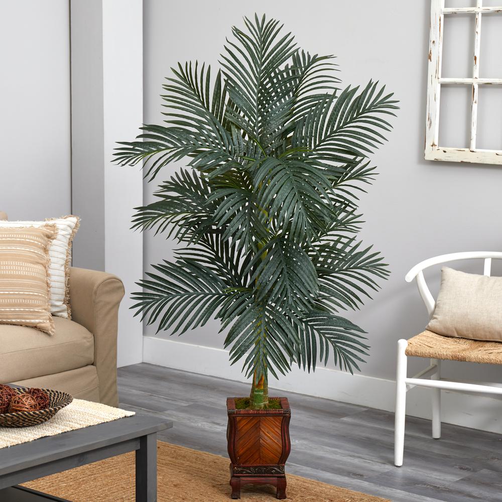 4.5ft. Golden Cane Palm Artificial Tree in Wooden Decorated Planter. Picture 2