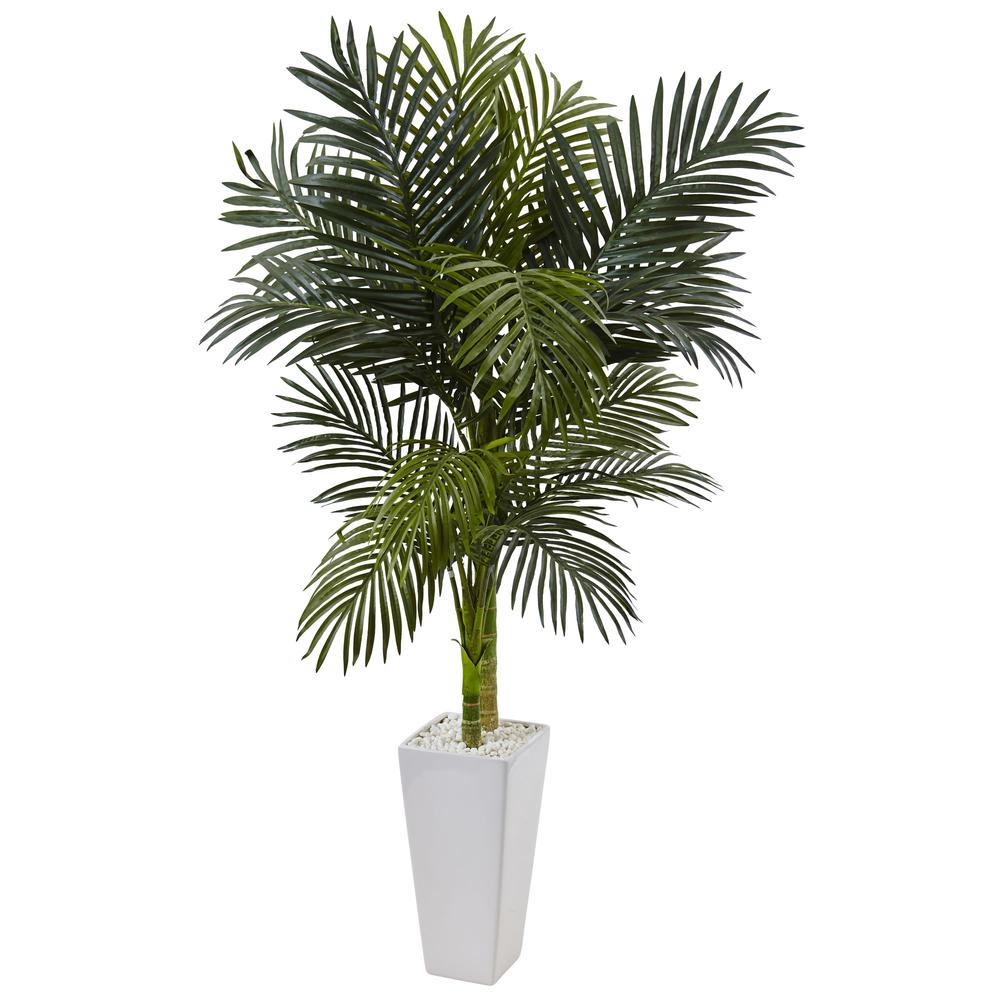 5ft. Golden Cane Palm Artificial Tree in White Tower Planter. Picture 1