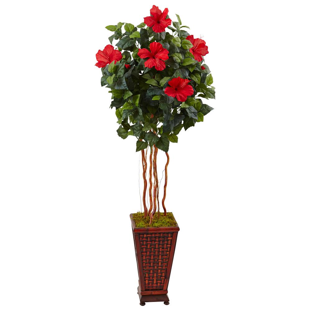 5ft. Hibiscus Artificial Tree in Decorated Wooden Planter. Picture 1