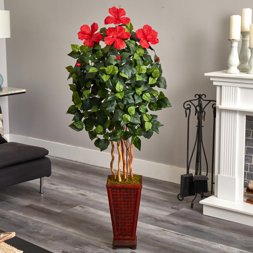 5ft. Hibiscus Artificial Tree in Decorated Wooden Planter. Picture 2