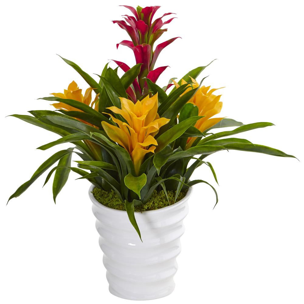 Tropical Bromeliad Artificial Plant in White Swirl Vase. Picture 1