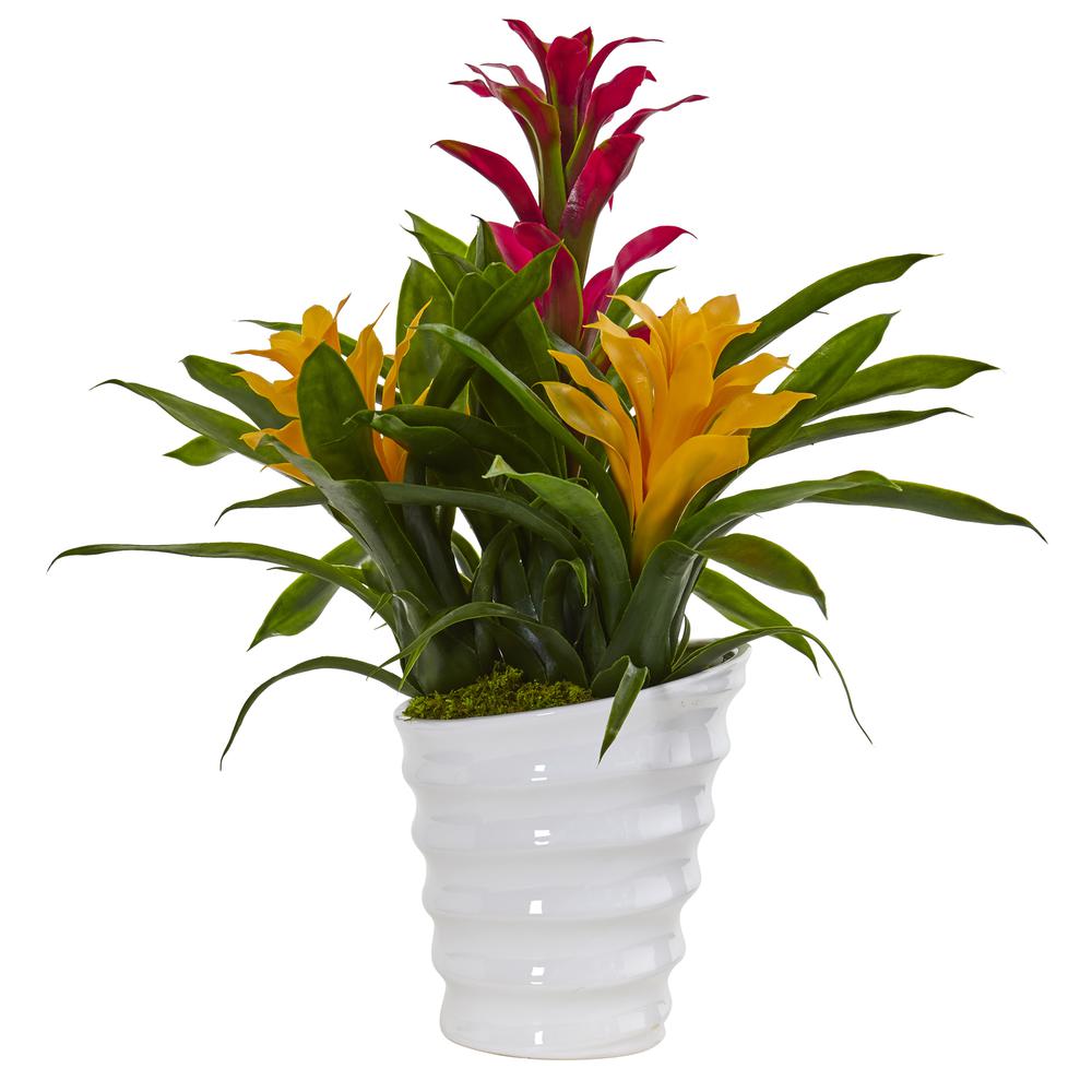 Tropical Bromeliad Artificial Plant in White Swirl Vase. Picture 2