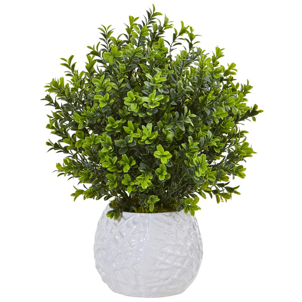 Boxwood Evergreen Artificial Plant in White Vase (Indoor/Outdoor). Picture 1