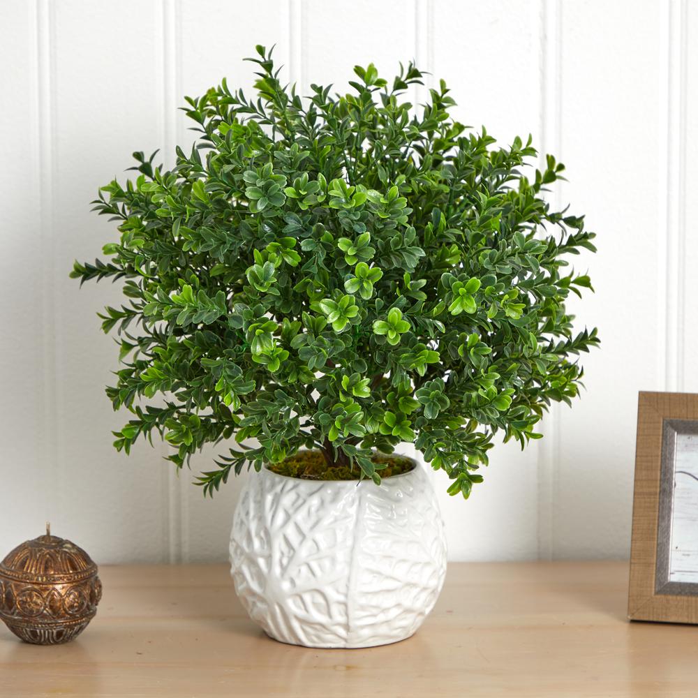Boxwood Evergreen Artificial Plant in White Vase (Indoor/Outdoor). Picture 3