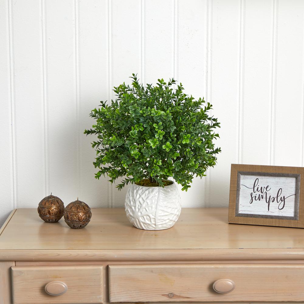 Boxwood Evergreen Artificial Plant in White Vase (Indoor/Outdoor). Picture 2
