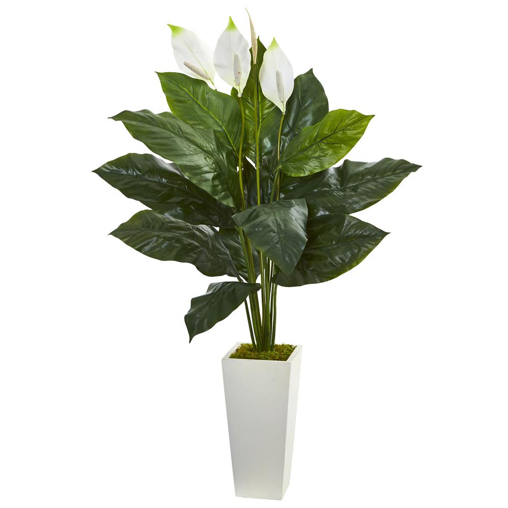 51in. Spathiphyllum Artificial Plant in White Tower Planter. Picture 1