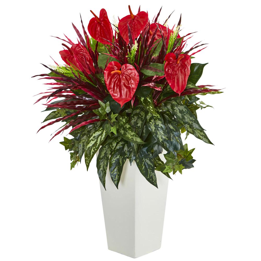 Mixed Anthurium Artificial Plant in White Tower Vase. Picture 1