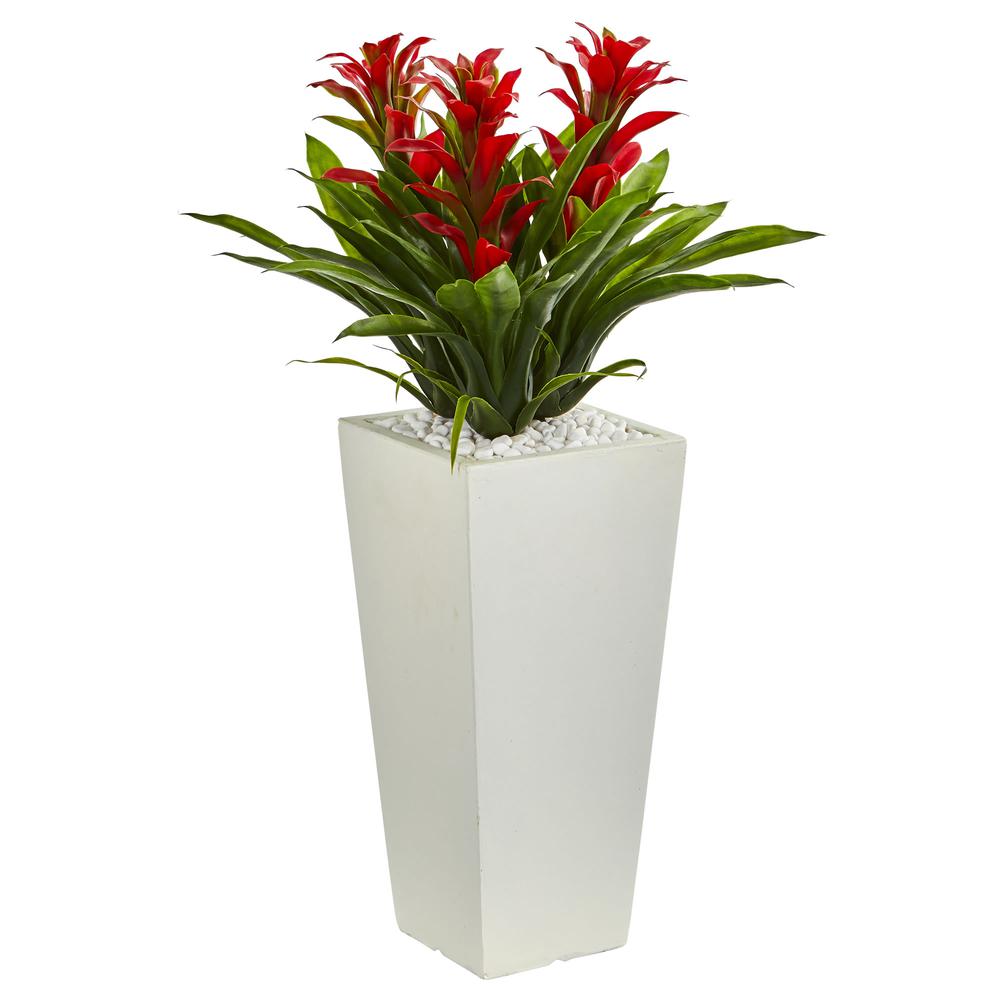 Triple Bromeliad Artificial Plant in White Tower Planter, Red. Picture 1