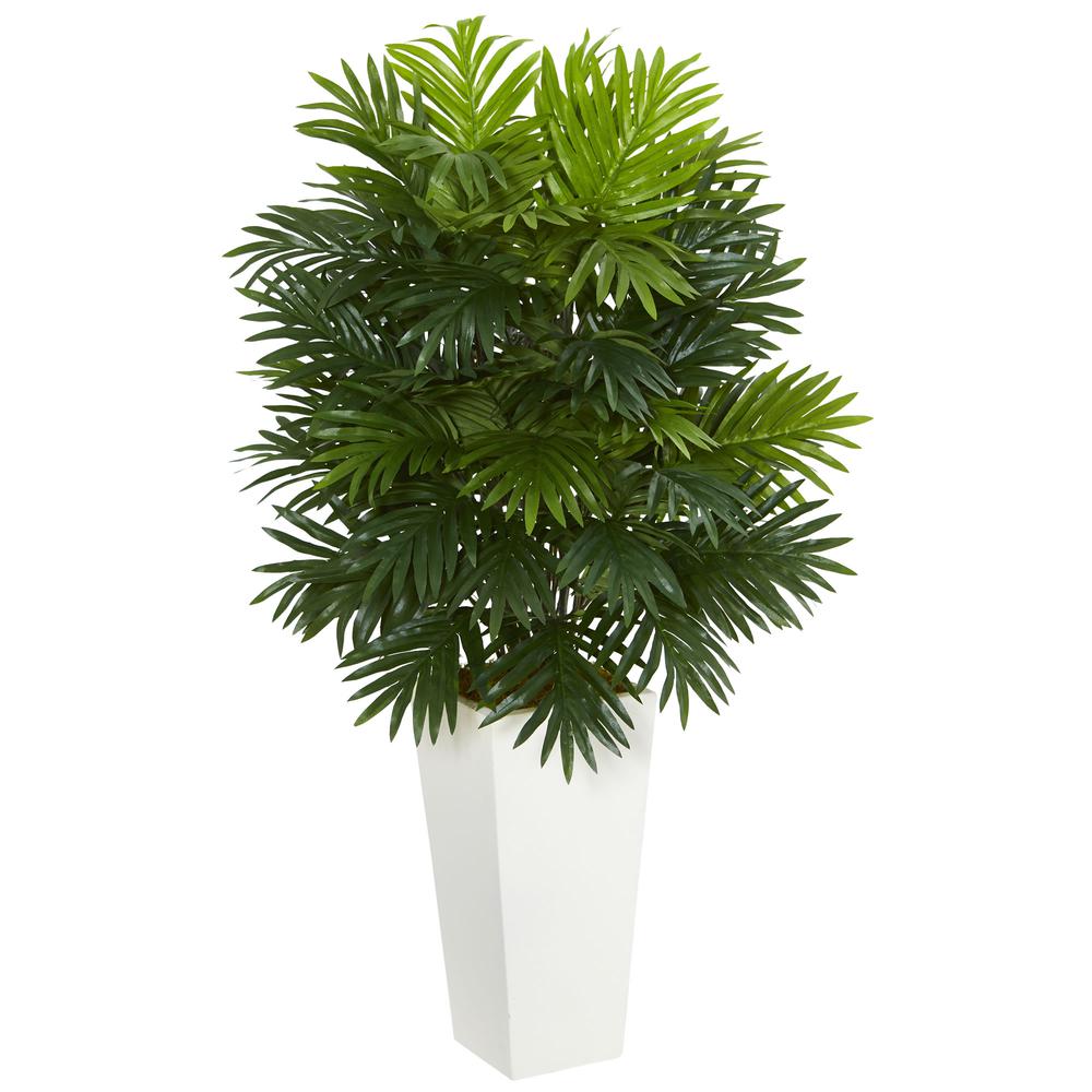 Areca Palm Artificial Plant in White Tower Planter Green. Picture 1