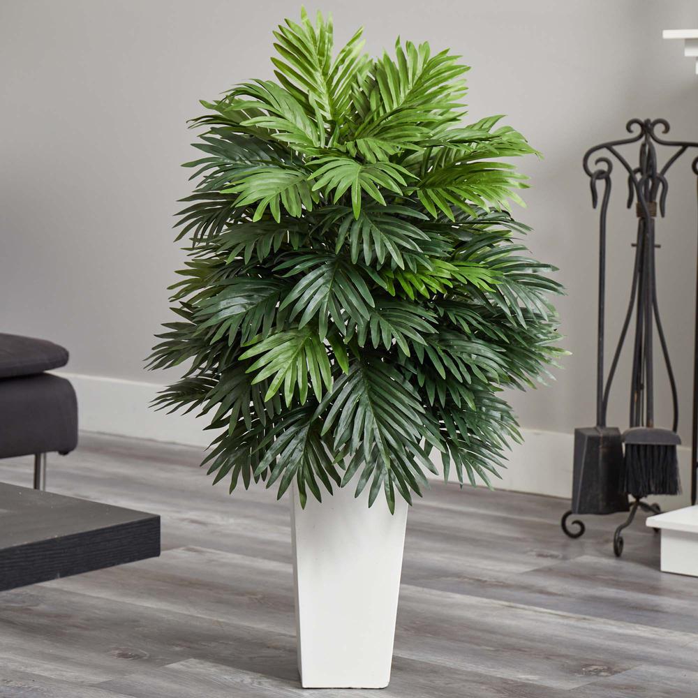 Areca Palm Artificial Plant in White Tower Planter Green. Picture 3