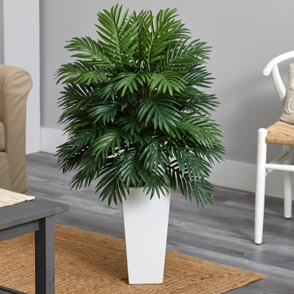 Areca Palm Artificial Plant in White Tower Planter Green. Picture 4