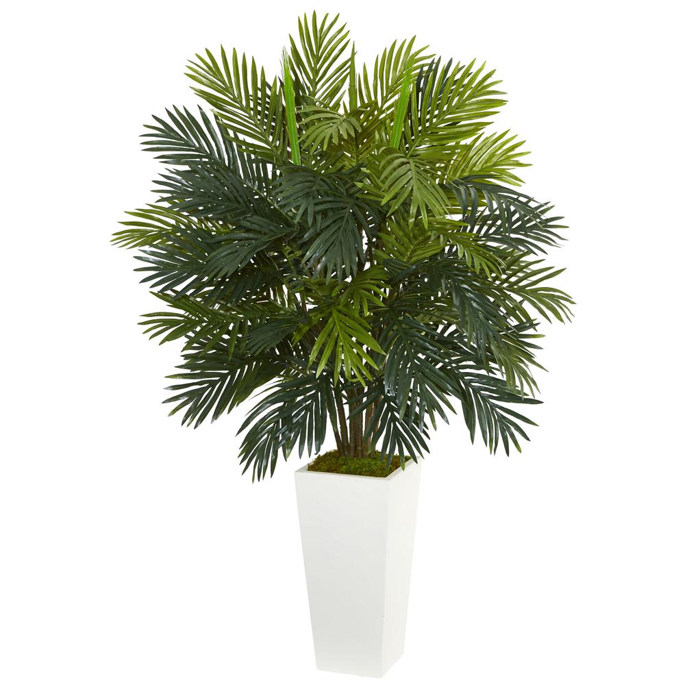 Areca Palm Artificial Plant in White Tower Planter, Green. Picture 1