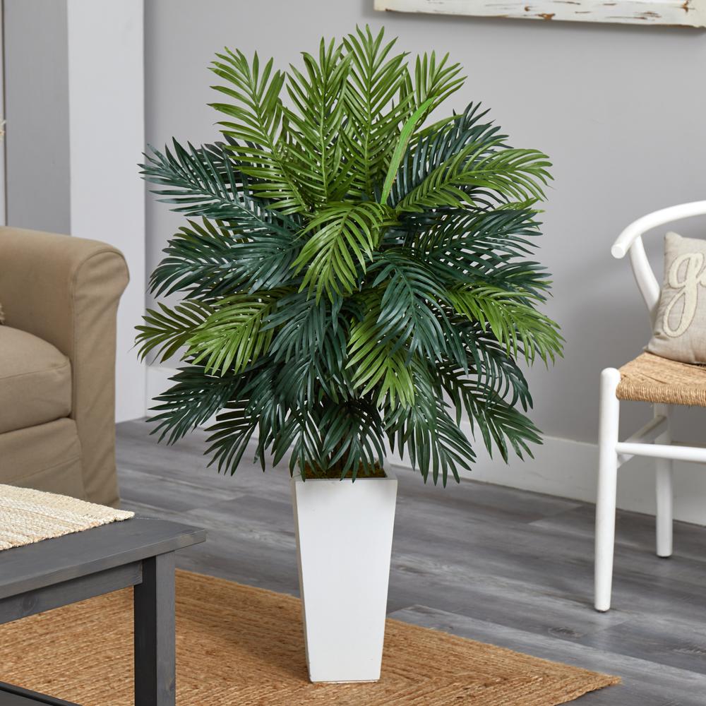 Areca Palm Artificial Plant in White Tower Planter, Green. Picture 3