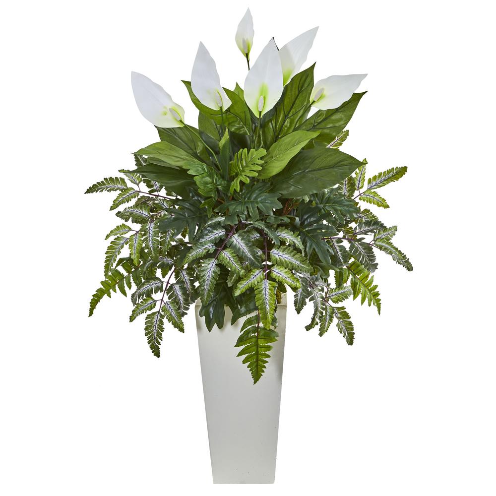 Mixed Spathiphyllum Artificial Plant in White Tower Vase. Picture 1