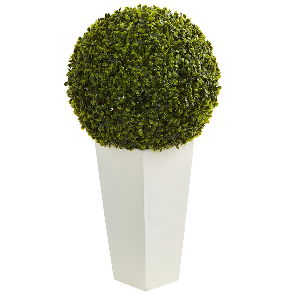 28in. Boxwood Topiary Ball Artificial Plant in White Tower Planter (Indoor/Outdoor). Picture 1