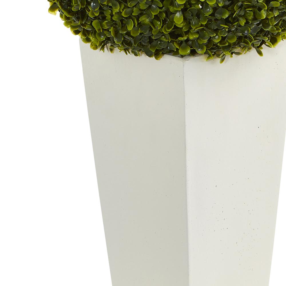28in. Boxwood Topiary Ball Artificial Plant in White Tower Planter (Indoor/Outdoor). Picture 3