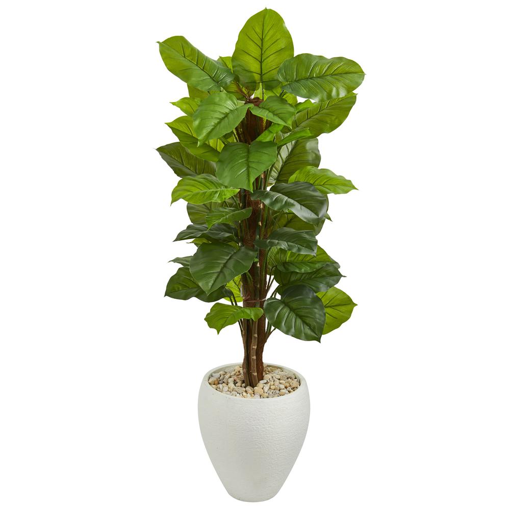 5ft. Large Leaf Philodendron Artificial Plant in White Oval Planter (Real Touch). Picture 1