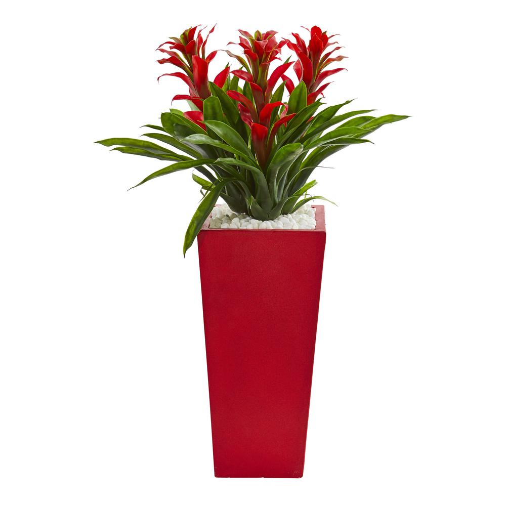 Triple Bromeliad Artificial Plant in Red Planter. Picture 1