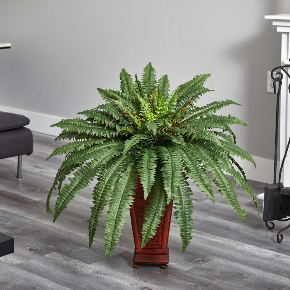 Boston Fern with Wood Vase Silk Plant. Picture 5