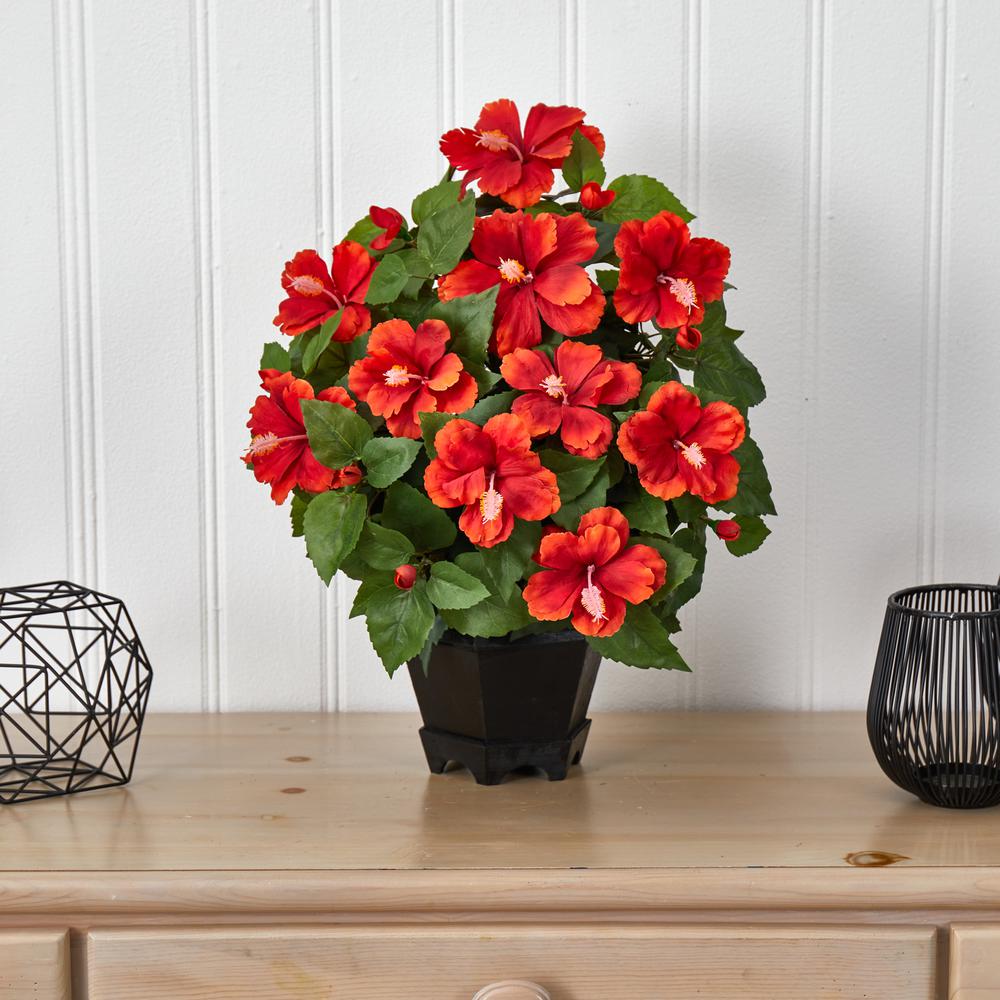 Hibiscus with Black Hexagon Vase Silk Plant. Picture 3