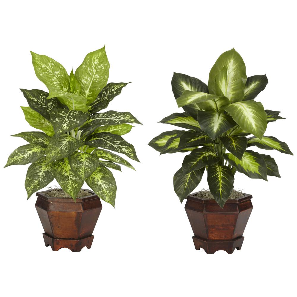 Dieffenbachia with Wood Vase Silk Plant (Set of 2), Assorted. Picture 1