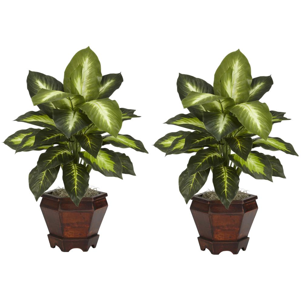 Dieffenbachia with Wood Vase Silk Plant (Set of 2), Golden. Picture 1