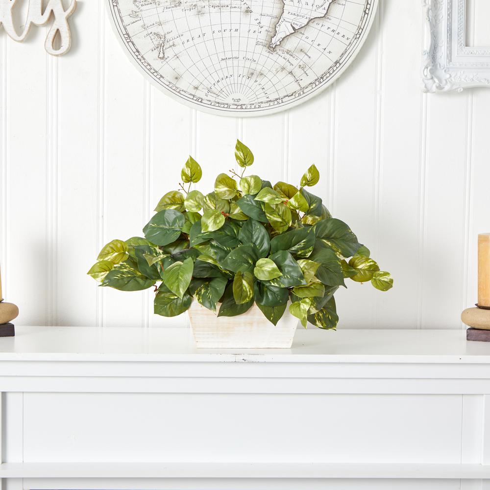 Pothos with White Wash Planter Silk Plant. Picture 2