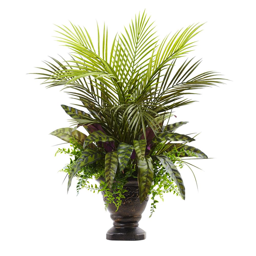 27in. Mixed Areca Palm, Fern & Peacock with Planter. Picture 1