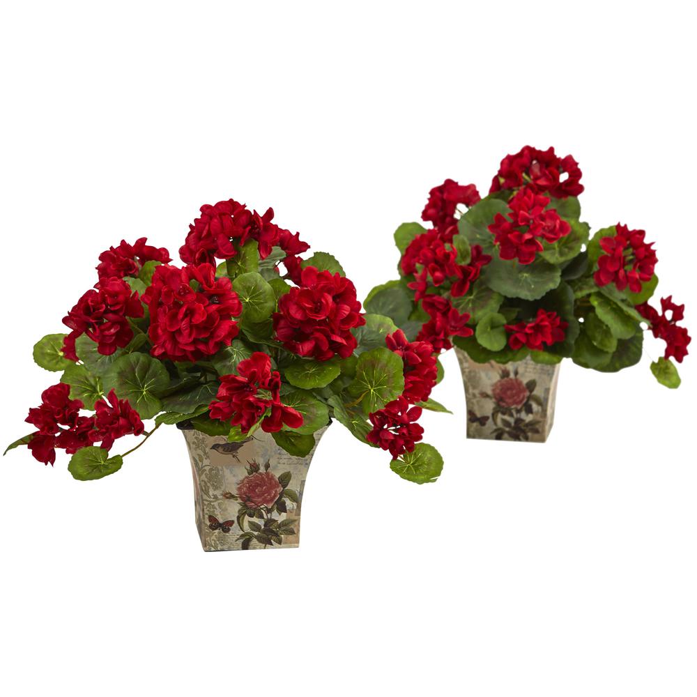 11in. Geranium Flowering Silk Plant with Floral Planter (Set of 2). Picture 1